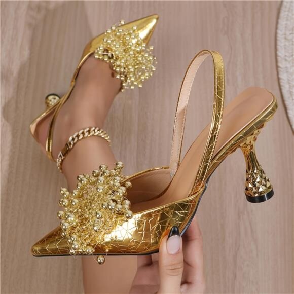 NEW Elegant Golden Beaded & Rhinestone Pointed-Toe Stiletto - Picture 3 of 11